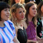 La ministra de Ciencia e Innovación, Diana Morant, junto a Yolanda Díaz, Irene Montero e Ione Belarra, durante el acto institucional de entrega de los 2ª Reconocimientos Arcoíris con motivo del Día Internacional del Orgullo LGTBI.
