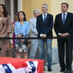 La ministra de Justicia, Pilar Llop, y los ministros afectados por Pegasus: Margarita Robles, Fernando Grande-Marlaska y Luis Planas el pasado 7 de julio en la embajada de Estados Unidos en Madrid