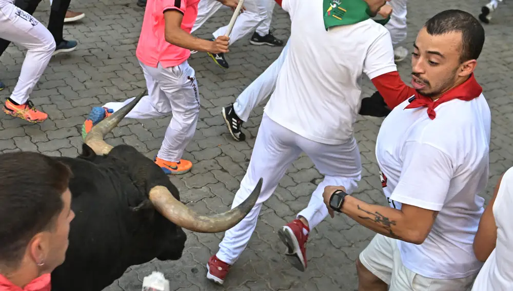 Los toros de la ganadería pacense de Jandilla a su paso por el tramo de Telefónica durante el sexto encierro de los Sanfermines del pasado año