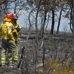 HUMANES (GUADALAJARA), 26/07/2022.- Varios bomberos en la zona afectada por el incendio forestal originado ayer en Humanes (Guadalajara), que ha calcinado 2.500 hectáreas y ha motivado el desalojo de unas mil personas. EFE/ Nacho Izquierdo