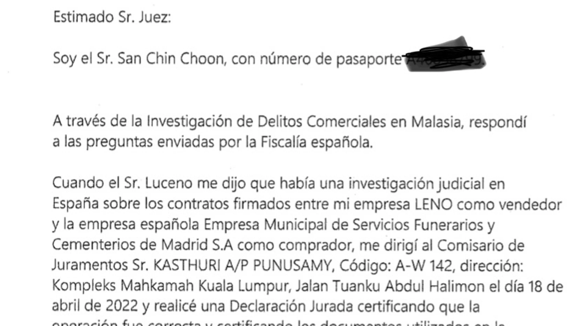Captura del mail de San Chin Choon