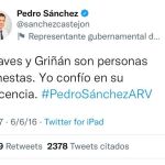 Tuit de Sánchez sobre Griñán y Chaves, publicado en 2016