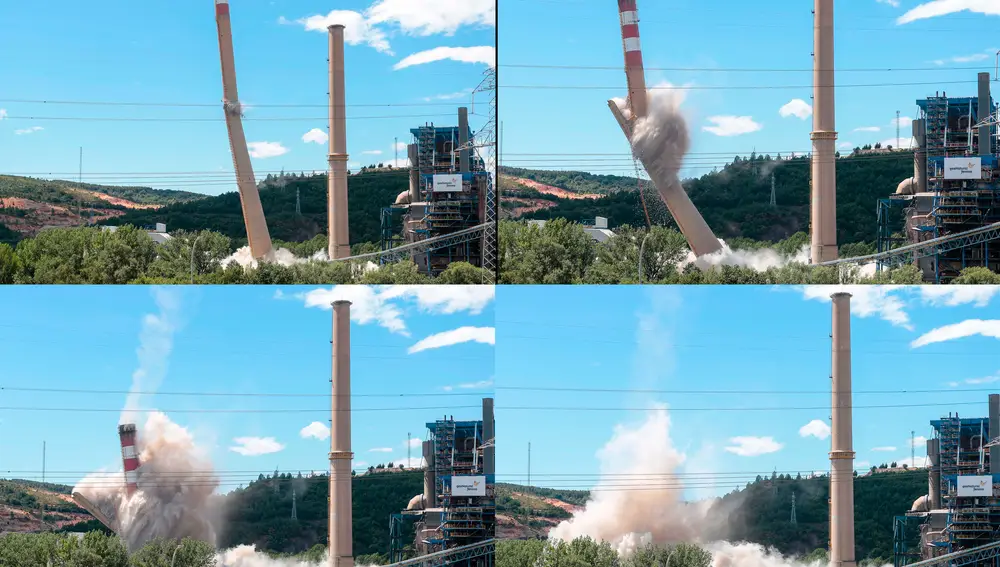 Naturgy derriba una de las dos chimeneas de salida de humos de la central térmica de La Robla