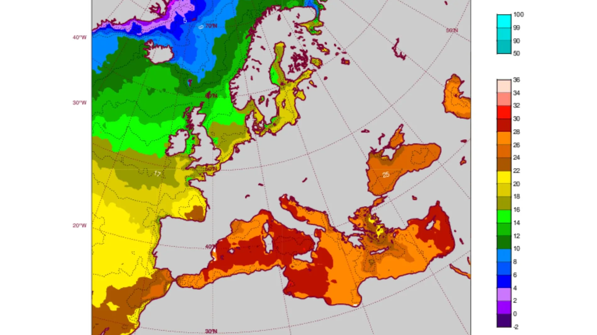 La imagen muestra las altas temperaturas registradas en el mar Mediterráneo