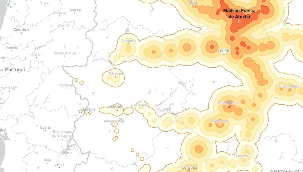 Mapa de Extremadura con los puntos a los que se puede llegar en tren desde Madrid en 5 horas