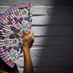 Una mujer se protege del sol con un abanico de las altas temperaturas registradas en Córdoba. EFE/Salas