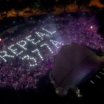 Una vista general muestra las palabras "Derogar 377A" en referencia a la ley que penaliza los actos sexuales entre personas del mismo sexo durante el acto Pink Dot celebrado en el Speaker's Corner en Hong Lim Park, en 2019, en Singapur,
