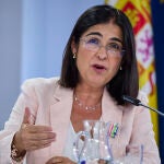 Las ministra de Sanidad, Carolina Darias, durante la rueda de prensa posterior a la reunión del Consejo de Ministros, este martes en el Palacio de la Moncloa.