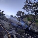 Bomberos intervienen en la extinción de un incendio declarado en la Sierra del Serral, en Yecla (Murcia)
