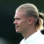 Erling Haaland, el lunes en el último entrenamiento del City antes de viajar a Sevilla