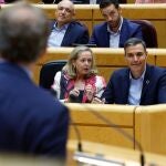 El presidente del Gobierno, Pedro Sánchez (d), y la vicepresidenta primera y ministra de Asuntos Económicos y Transformación Digital, Nadia Calviño (c), escuchan la intervención del líder del PP, Alberto Núñez Feijóo, en el Senado