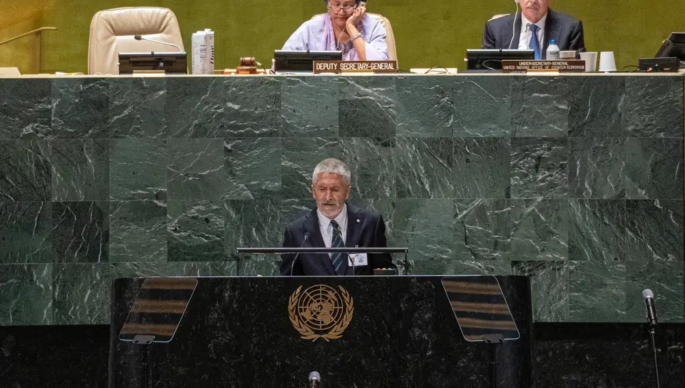El ministro del Interior, Fernando Grande-Marlaska, interviene ayer en la sede de la ONU en Nueva York