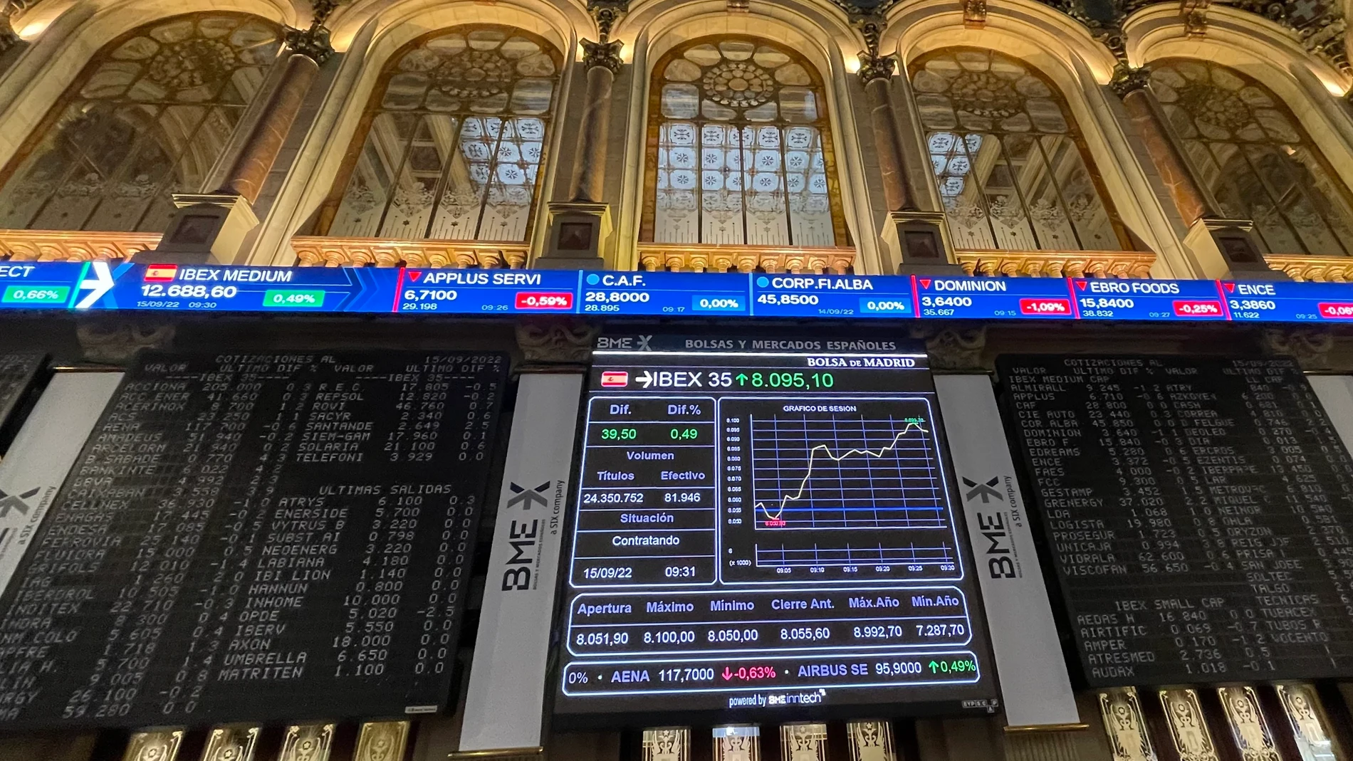 Una pantalla muestra la evolución del índice IBEX 35 en la Bolsa de Madrid