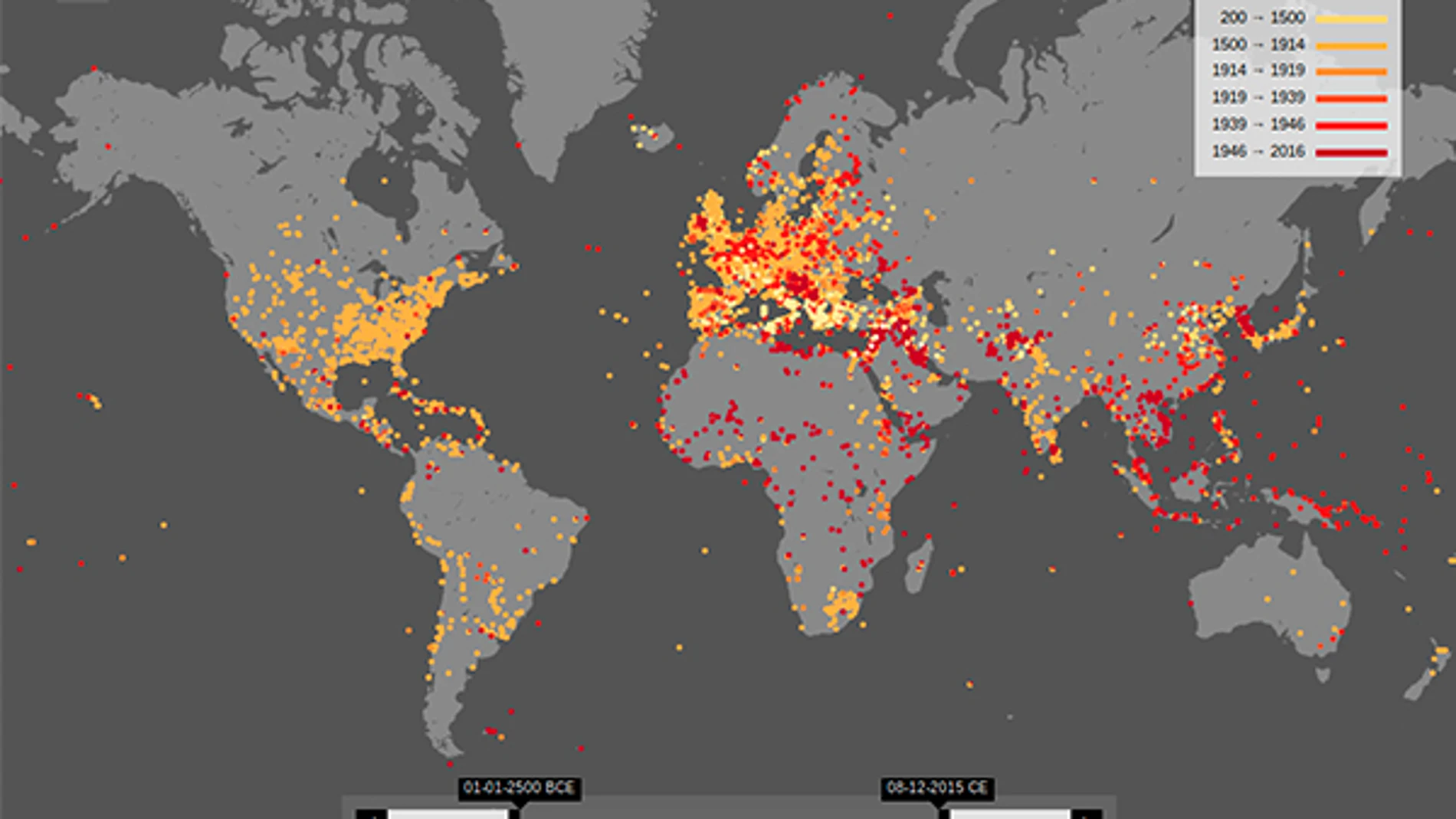 El Mapa de la Geografía de la Violencia con todas las batallas documentadas de la historia.