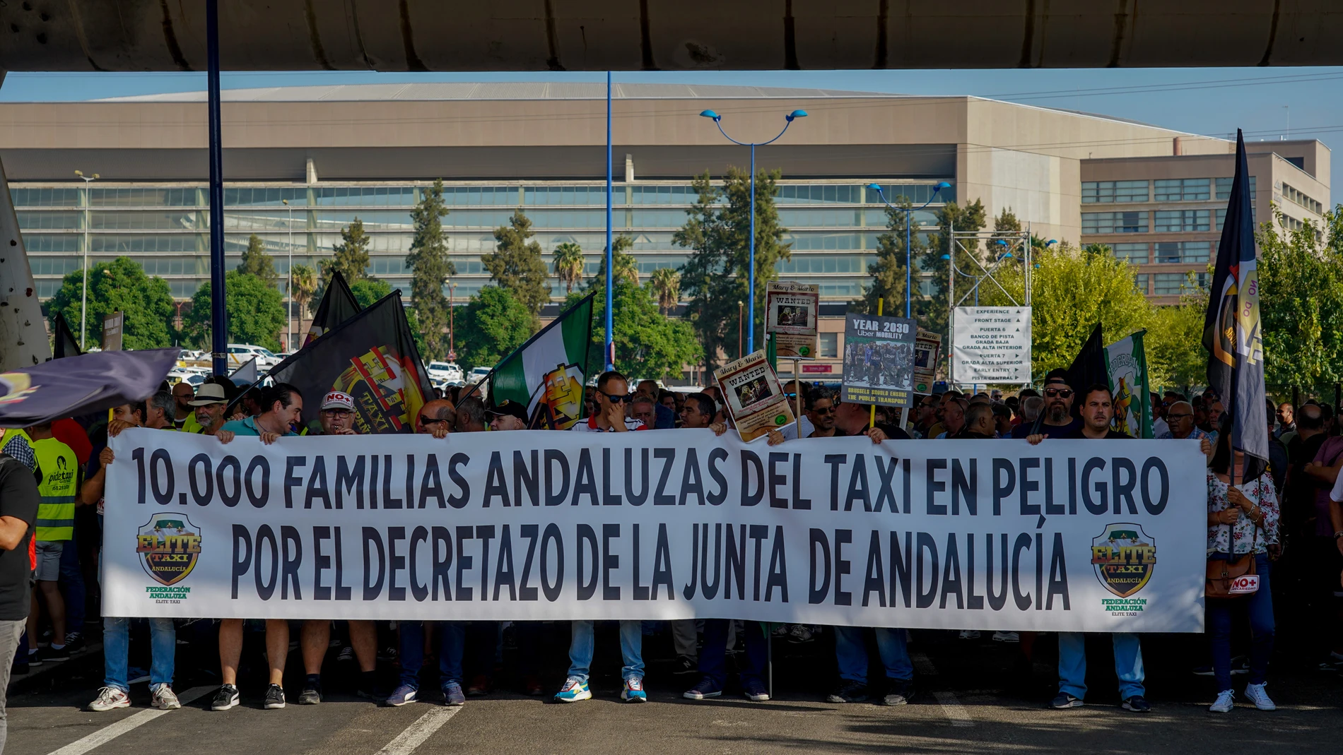 Concentración del sector del taxi en la parada del Estadio de la Cartuja