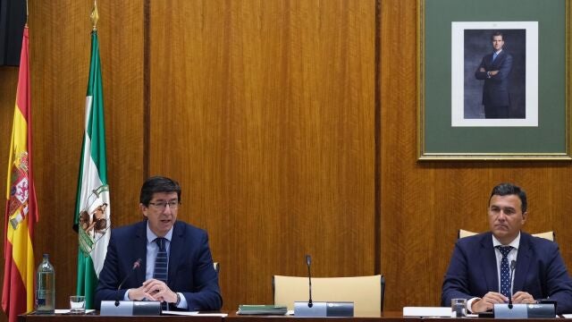 El vicepresidente y consejero de Turismo, Regeneración, Justicia y Administración Local, Juan Marín, en comisión parlamentaria