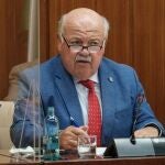 El consejero andaluz de Salud, Jesús Aguirre, hoy en el Parlamento regional
