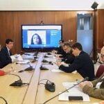 Reunión del vicepresidente de la Junta, Juan Marín, con los portavoces parlamentarios y la presidenta del Parlamento, Marta Bosquet