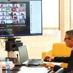 El presidente de la Diputación de Málaga, Francisco Salado, durante un pleno telemático