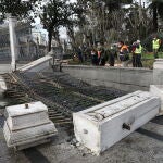Militares y operarios de Patrimonio Cultural inspeccionan la zona donde se encuentran restos del enorme pino que a primera hora de esta mañana se ha precipitado a causa del viento en el interior del Cuartel General del Ejército, en Cibeles