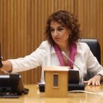La ministra de Hacienda, María Jesús Montero, durante la rueda de prensa para presentar el Proyecto de Ley de los Presupuestos