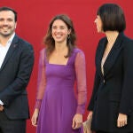 MADRID, 12/10/2022.- Los ministros de Consumo, Alberto Garzón; de Igualdad, Irene Montero y de Ciencia, Diana Morant (d), al inicio del desfile del Día de la Fiesta Nacional, este miércoles, en Madrid. EFE/Zipi Aragón