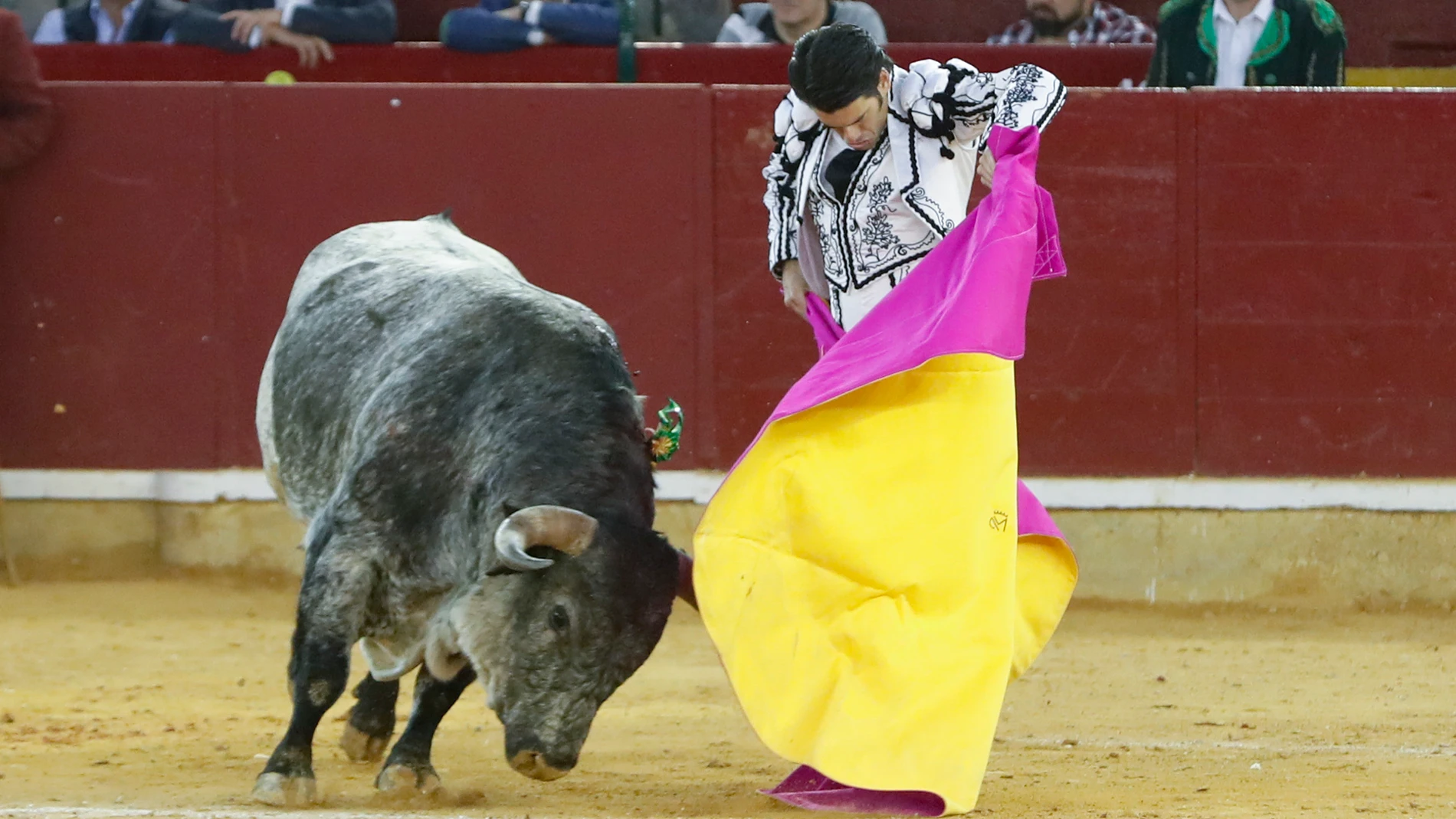 ZARAGOZA, 12/10/2022.- El diestro José Garrido con el sexto toro durante el festejo taurino con motivo de la Feria del Pilar celebrado este miércoles en la plaza de toros de La Misericordia en Zaragoza. EFE/Javier Cebollada