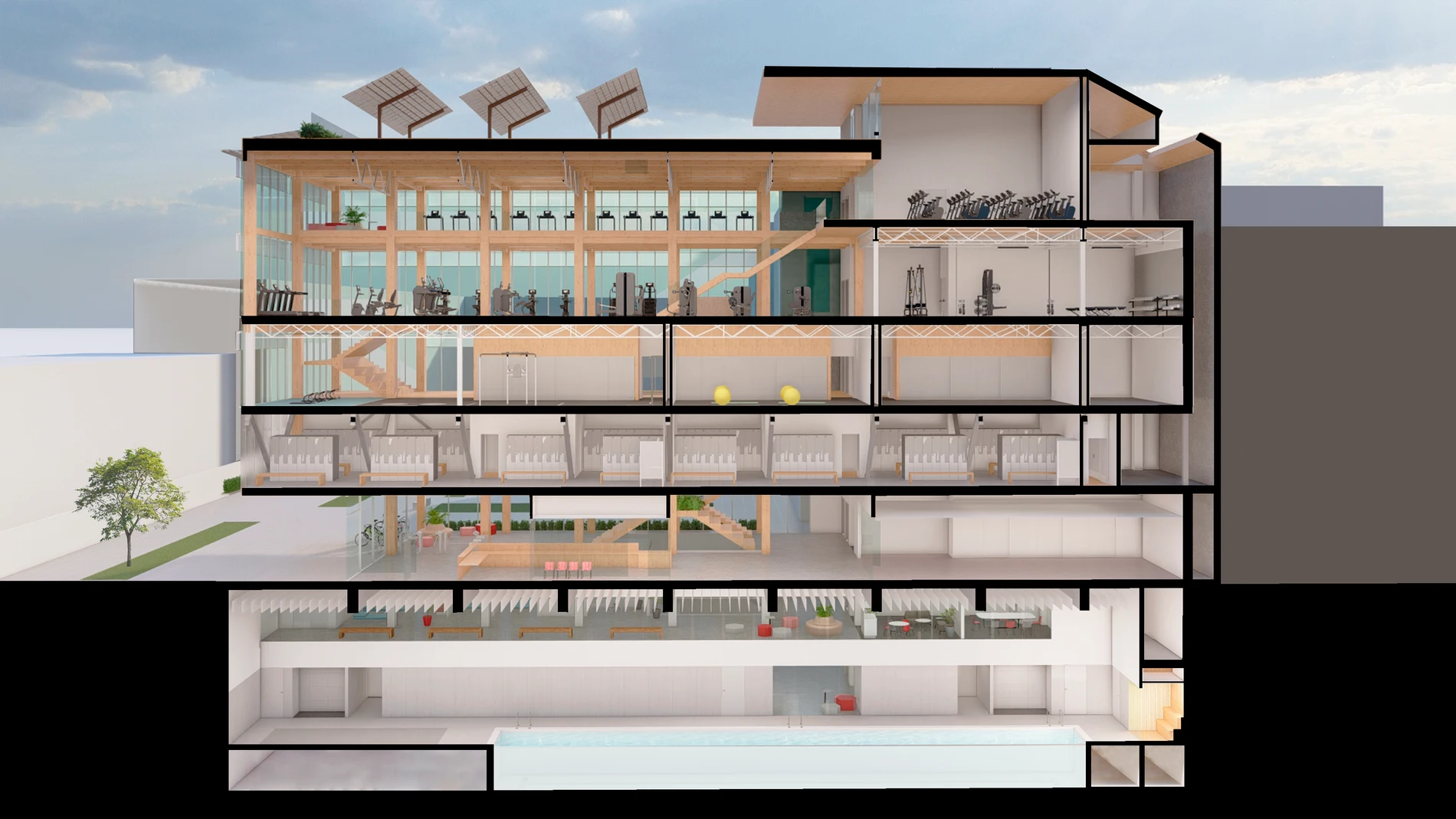 Recreación del gimnasio, incluida la piscina subterránea
