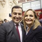 Juanma Moreno y Maribel Sánchez, en la sede del Parlamento andaluz tras ser reelegido presidente de la Junta de Andalucía