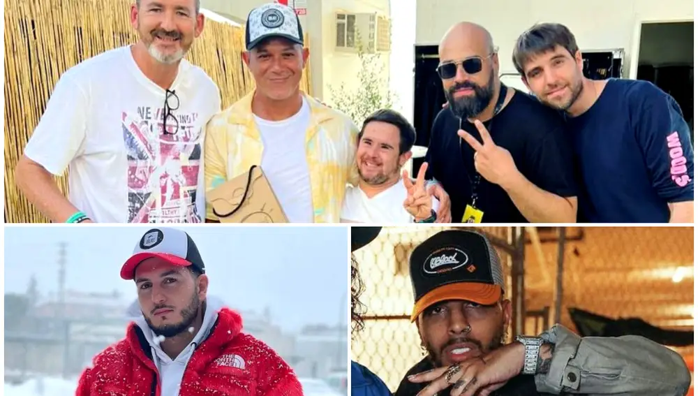 Alejandro Sanz, Rauw Alejandro y Omar Montes con las gorras 'Oblack'