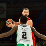 BJ Johnson, del Real Betis, y Marc Gasol, del Girona, durante el partido de la liga Endesa disputado en el pabellón de San Pablo de Sevilla. EFE/ Raúl Caro.