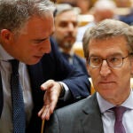 El líder del PP, Alberto Núñez Feijóo (d), conversa con el coordinador general de su partido, Elías Bendodo, durante la sesión de control al Gobierno