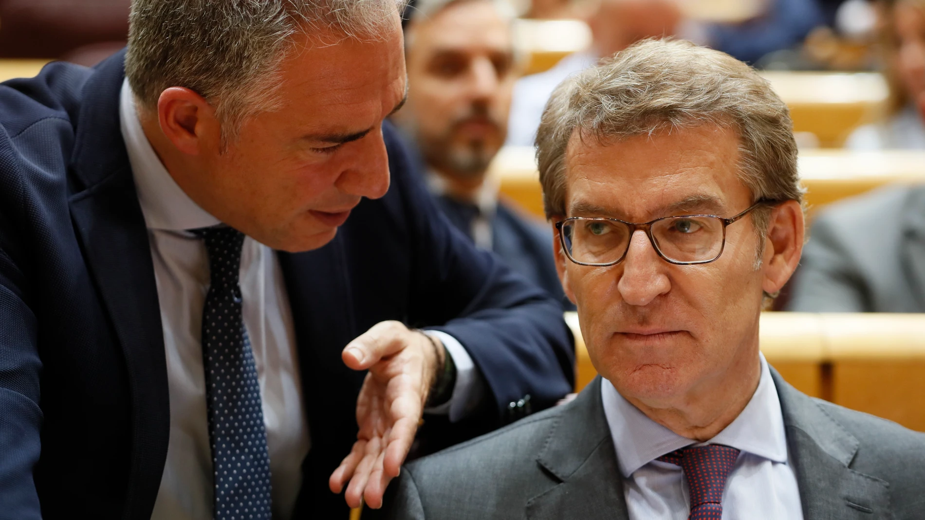 El líder del PP, Alberto Núñez Feijóo (d), conversa con el coordinador general de su partido, Elías Bendodo, durante la sesión de control al Gobierno
