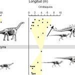 Figura que ilustra las variaciones de temperatura a lo largo del Jurásico inferior y medio y el cambio de tamaño entre las formas herbívoras y carnívoras de dinosaurios previamente y posteriormente al Evento Jenkyns. UJA