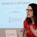 La vicepresidenta y portavoz del Gobierno valenciano, Aitana Mas, durante la rueda de prensa posterior al Pleno del Consell