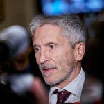 El ministro del Interior, Fernando Grande-Marlaska, atiende a los medios antes de comparecer a puerta cerrada en el Congreso de los Diputados