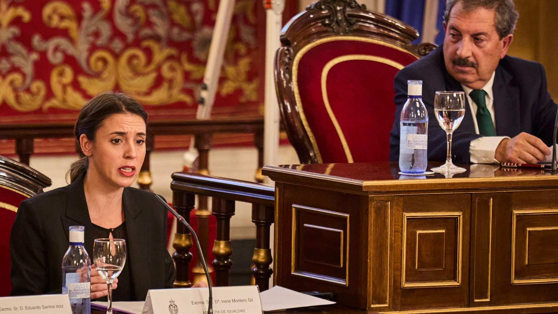 El presidente del Consejo General del Poder Judicial (CGPJ), Rafael Mozo junto a la Ministra de Igualdad, Irene Montero, este jueves en el Senado en Madrid