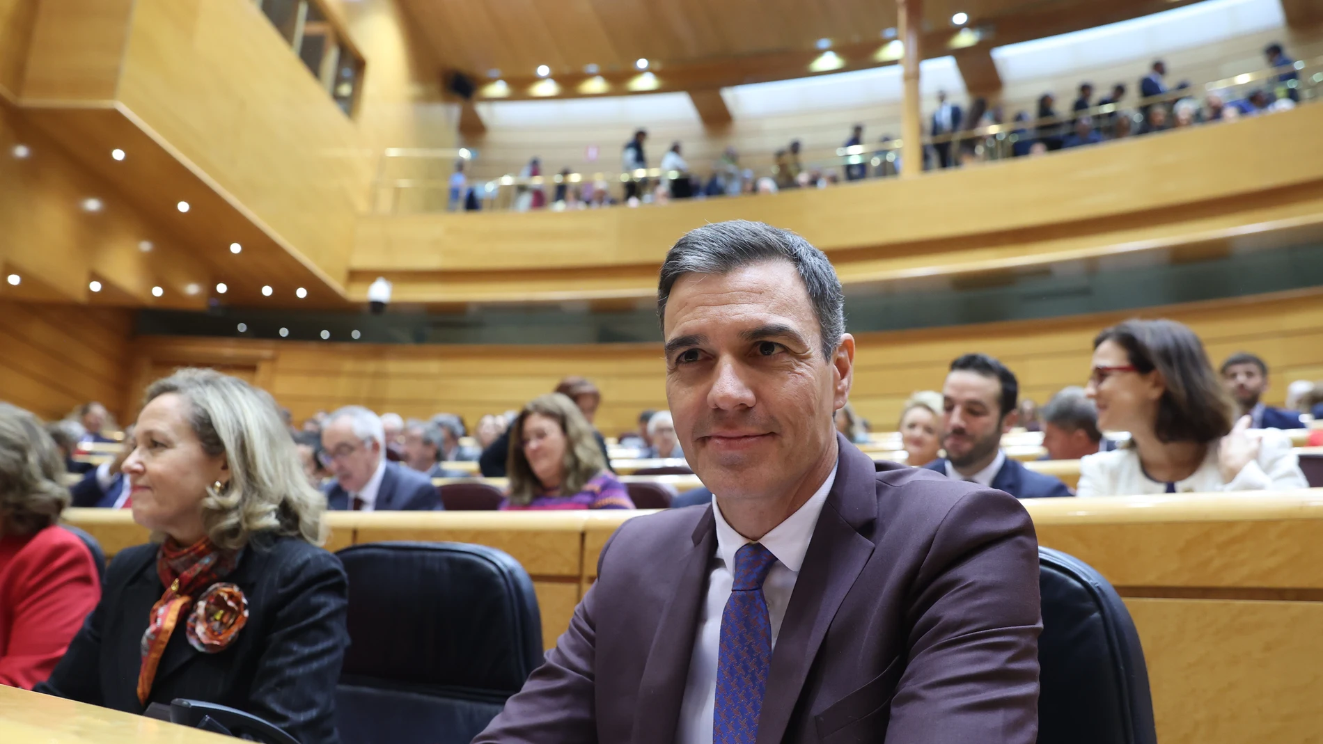 MADRID, 22/11/2022.- El presidente del Gobierno, Pedro Sánchez, y la vicepresidenta primera y ministra de Asuntos Económicos, Nadia Calviño, participan en el pleno del Senado en Madrid este martes. EFE/Kiko Huesca