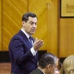 El presidente de la Junta de Andalucía, Juanma Moreno, durante la sesión plenaria de hoy