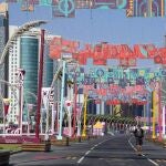 A man rides along the decorated Doha Corniche in Doha, Qatar, Saturday, Dec. 3, 2022. (AP Photo/Aijaz Rahi)