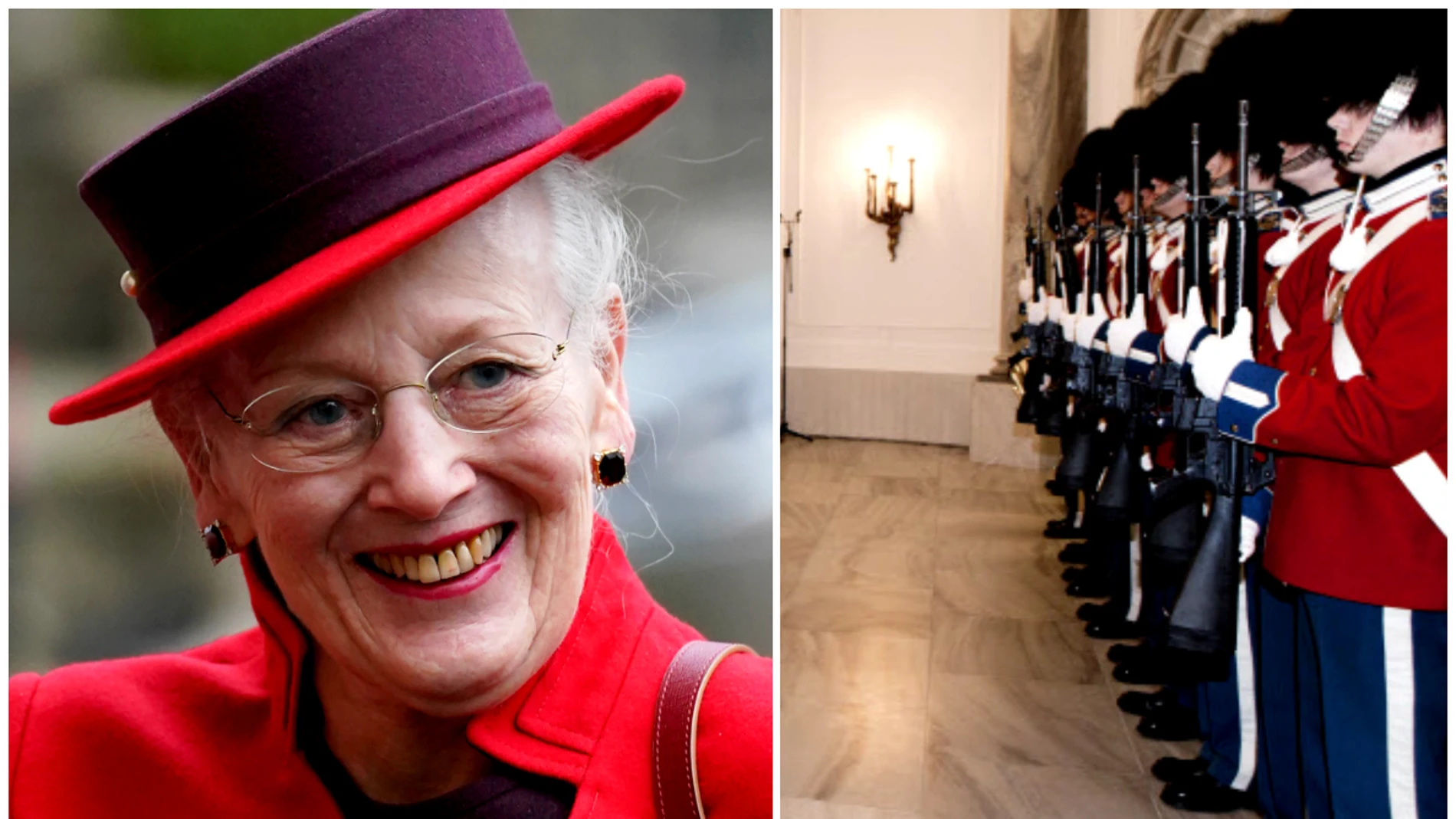 Margarita II De Dinamarca y la guardia que la custodia en el Palacio de Amalienborg