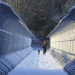 Una mujer pasea a su perro en Durham, Reino Unido, cubierto de nieve