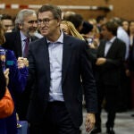 El presidente del Partido Popular, Alberto Núñez Feijóo, ayer durante la tradicional cena de Navidad del Partido Popular de Madrid.