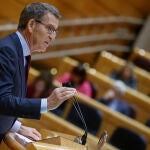 El líder del Partido Popular, Alberto Núñez Feijóo, durante el pleno celebrado, este lunes, en el Senado.
