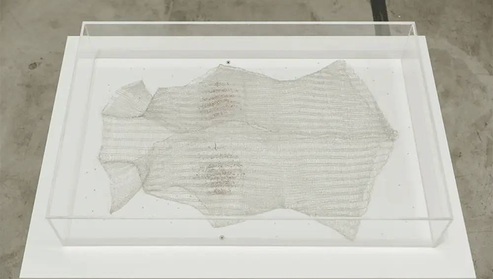 Obra de Julia Creuheras "A(R)MOR", 2022, hilo de plata, madera, metacrilato, nylon, motores y cable