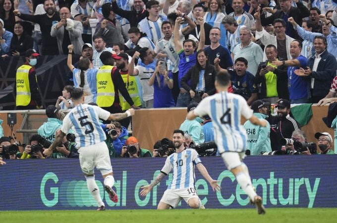 Argentina's Lionel Messi celebrates scoring his side's third goal during the World Cup final soccer match between Argentina and France at the Lusail Stadium in Lusail, Qatar, Sunday, Dec.18, 2022. (AP Photo/Manu Fernandez)