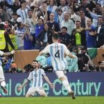 Argentina's Lionel Messi celebrates scoring his side's third goal during the World Cup final soccer match between Argentina and France at the Lusail Stadium in Lusail, Qatar, Sunday, Dec.18, 2022. (AP Photo/Manu Fernandez)