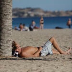 Una persona toma el sol bajo una palmera en la playa de El Postiguet de Alicante