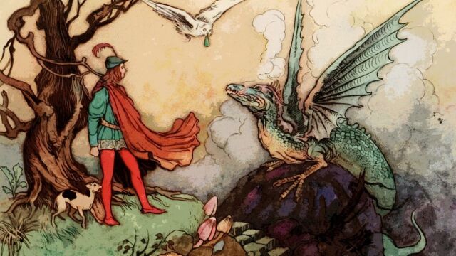 Dibujo simulando una escena medieval con un dragón frente a un hombre, su perro, un búho nival.