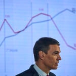 El presidente del Gobierno, Pedro Sánchez enseña en Moncloa un gráfico con las cifras de inflación.